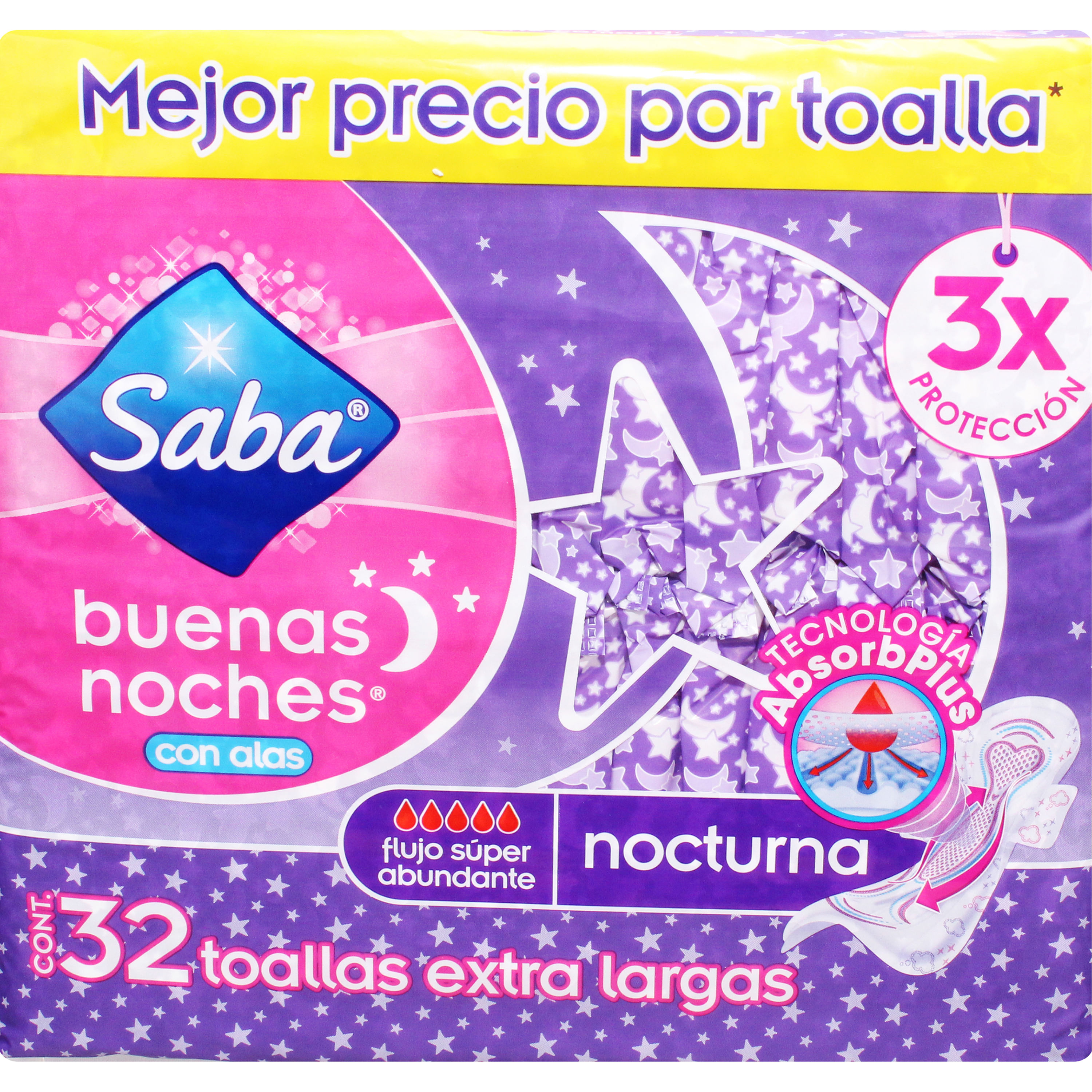Comprar Toallas Femeninas Saba Buenas Noches Flujo Súper Abundante Con Alas  - 32 Unidades | Walmart Nicaragua