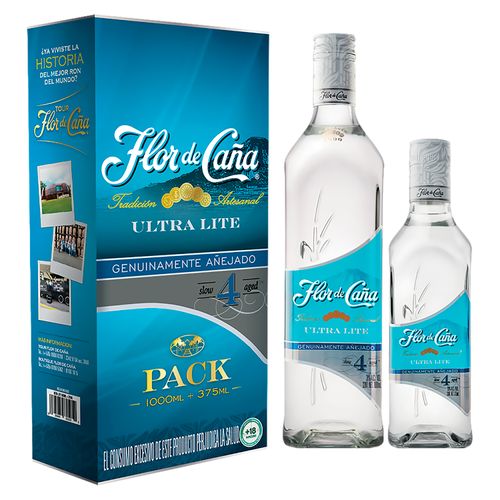 Pack De Ron Flor De Caña Ultra Lite De 4 Años- 1000ml+375ml