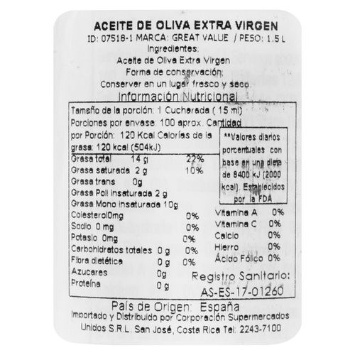 Aceite Great Value De Oliva Virgen - 1500ml