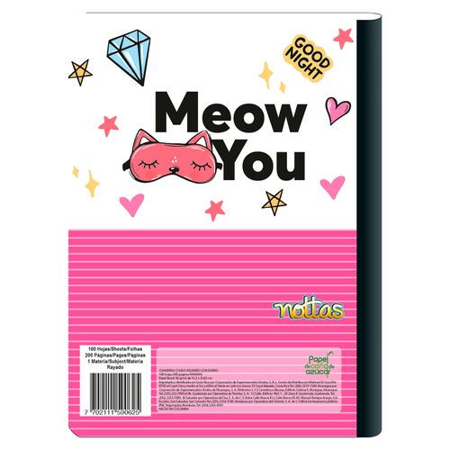 Cuaderno Nottas Cosido Pequeño Rayado Diseño Gato-100 Hojas