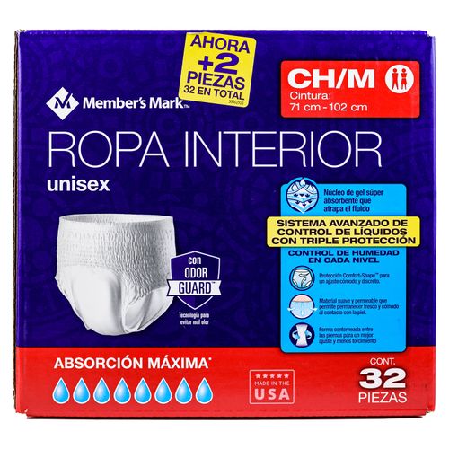 Ropa Interior Protectora de Incontinencia Member's Mark, CH/M, 32 piezas