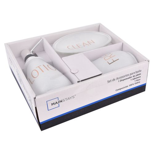 Set accesorios para baño Mainstays vidrio, contiene 1 dispensador de jabón,jabonera,y un vaso Modelo :CAMCST-063