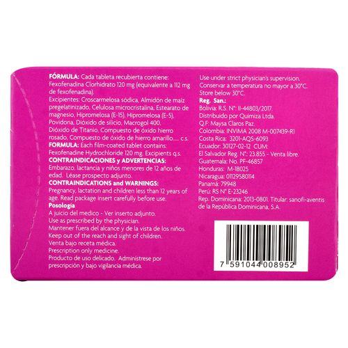 Allegra Sanofi 120 mg caja 10 tabletas - Precio indicado por tableta
