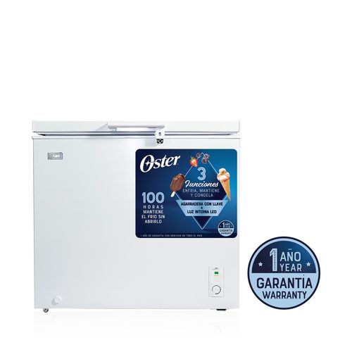 Congelador Horizontal Oster  Canasta Plastica Control Mecanico Interior Blanco Triple Funcion Congela Enfria Y Mantiene 200 Lt- 7 Pies Cubicos