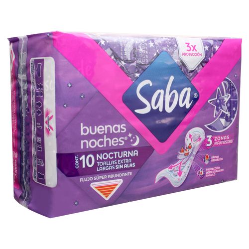 Toallas Femeninas Saba Nocturna Flujo Súper Abundante Alas- 10Uds