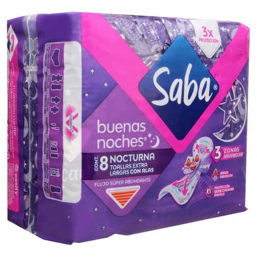 Toallas Femeninas Saba Nocturna Flujo Súper Abundante Con Alas - 8Uds