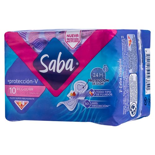 Toallas Sanitarias Saba Más Protección-V Regulares Flujo Súper Abundante Con Alas - 10Uds