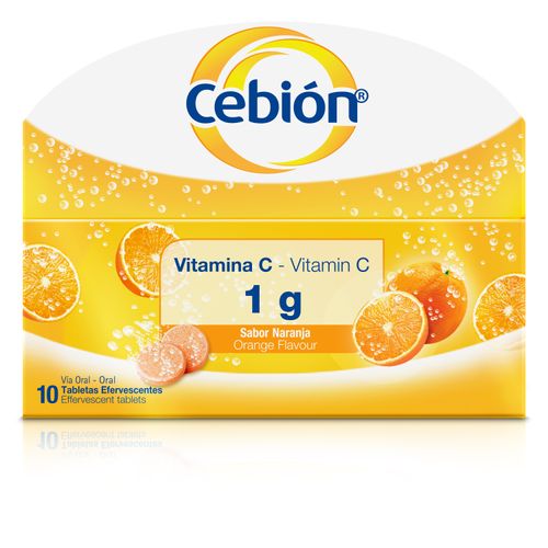 Tabletas Efervescentes de Vitamina C Cebión 1g  sabor Naranja con 10 unidades.