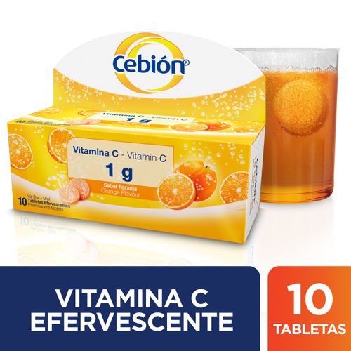 Tabletas Efervescentes de Vitamina C Cebión 1g  sabor Naranja con 10 unidades.