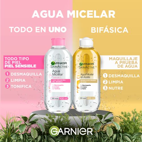 Agua micelar todo en 1 y  bifásica marca Garnier -400ml x2