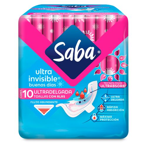 Toallas Femeninas Saba Ultra Invisible Ultradelgada Flujo Abundante Con Alas - 10Uds