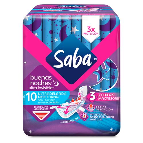 Toallas Femeninas Saba Nocturna Ultra Invisible Ultradelgada Flujo Súper Abundante Con Alas - 10Uds