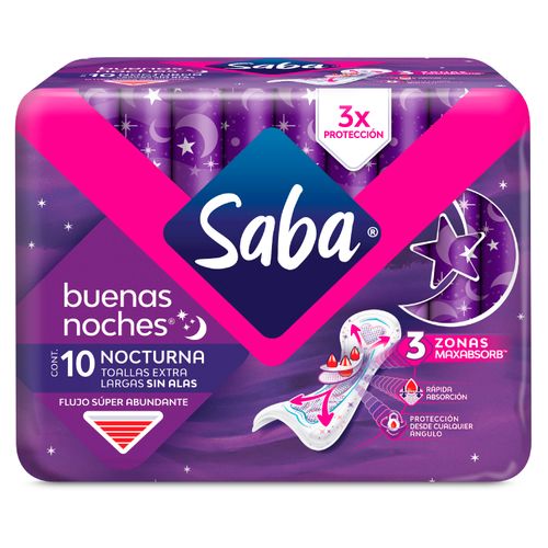 Toallas Femeninas Saba Nocturna Flujo Súper Abundante Alas- 10Uds