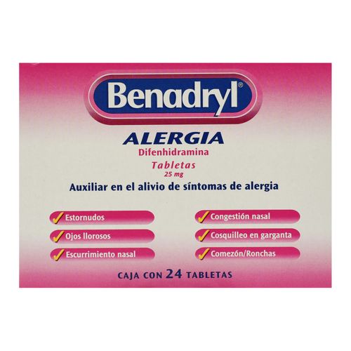 Difenidramina Benadryl caja 24 tabletas - Precio indicado por caja