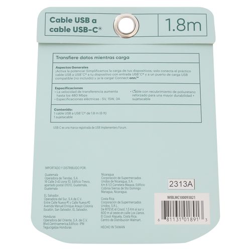 Cable Onn WIBLMC100093821 multicolor USB tipo C con luz de 1.8 m