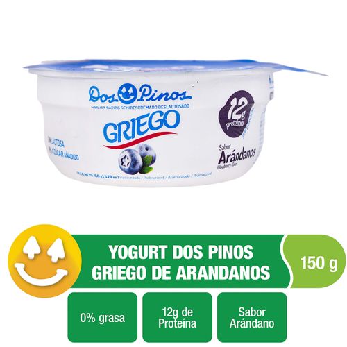 Yogurt Dos Pinos Griego sabor arándanos semidescremado sin lactosa 0% azúcar añadido - 150 g