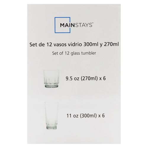 Set de vasos Mainstays vidrio capacidades 300 ml y 270 ml - 12 uds