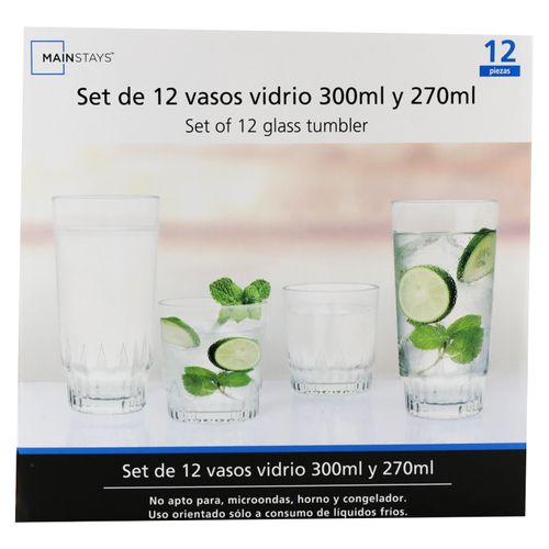 Set de vasos Mainstays vidrio capacidades 300 ml y 270 ml - 12 uds