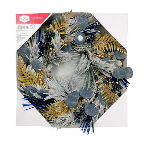 Corona navideña marca Holiday Time, decorativa color azul -20 pulgadas