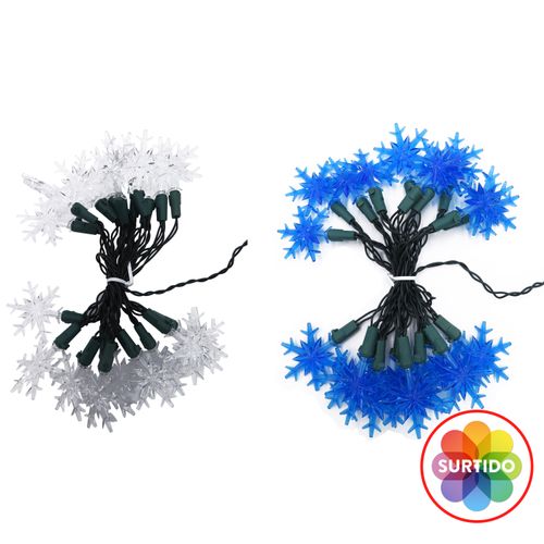 Serie de 20 luces LED marca Holiday Time, con forma de copos de nieve.