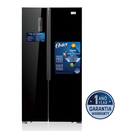 Refrigeradora No Frost Side By Side Oster 429lt 15.2pc Black Glass Puertas Luz Led Manija Interna Display Exterior Bandejas De Vidrio