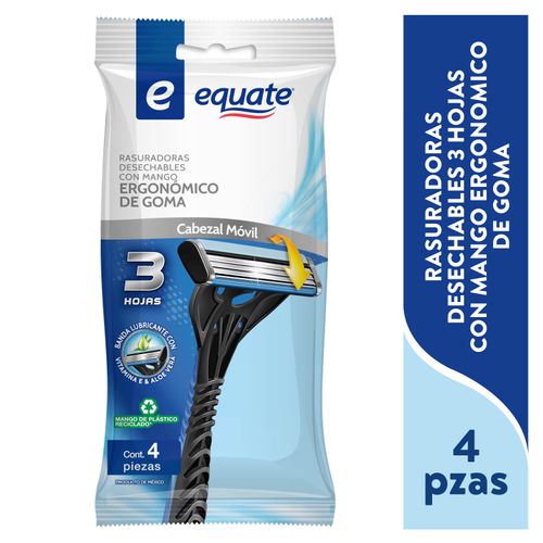 Rastrillos Equate Desechables Mango Goma 3 Hojas Hombre 4pcs