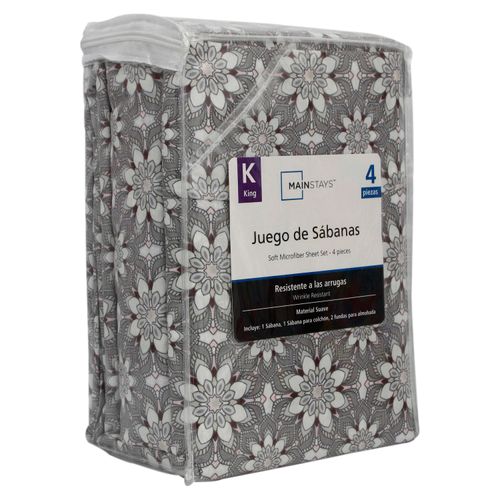 Set de sábanas Mainstays king estampado florar gris - 4 pzas