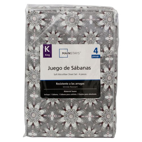 Set de sábanas Mainstays king estampado florar gris - 4 pzas