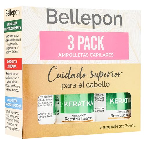 Ampolletas capilares Bellepon restructurante anticaída y termoprotectora 3 pack- 60 ml