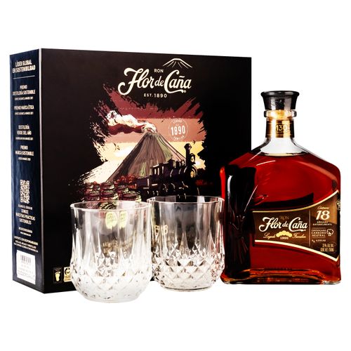 Ron Flor De Caña añejo 18 años con 2 vasos de regalo - 750 ml