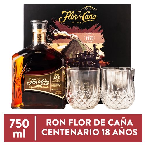 Ron Flor De Caña añejo 18 años con 2 vasos de regalo - 750 ml