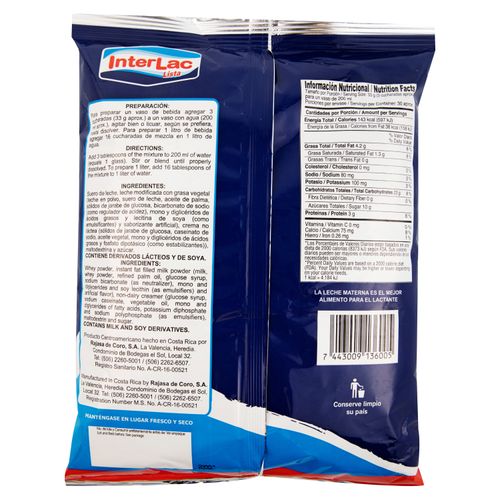 Bebida Interlac Polvo Instantanea con base Solidos Leche y Grasa Vegetal - 1000gr