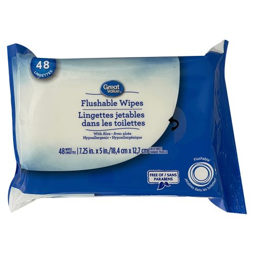 Toallas Desechables Flushables Húmedas Marca Great Value, Hipoalergénica Con Aloe - 96Uds