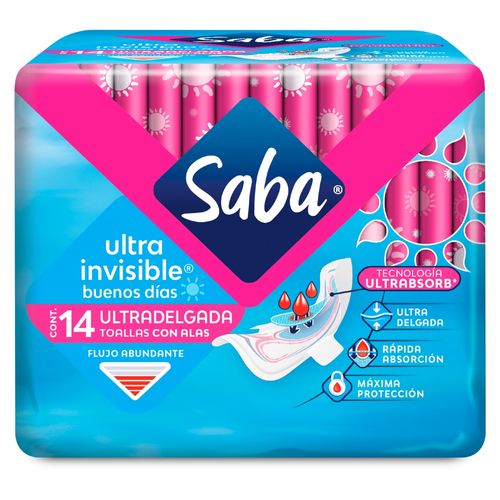 Toallas Femeninas Saba Ultra Invisible Ultradelgada Flujo Abundante Con Alas - 14Uds