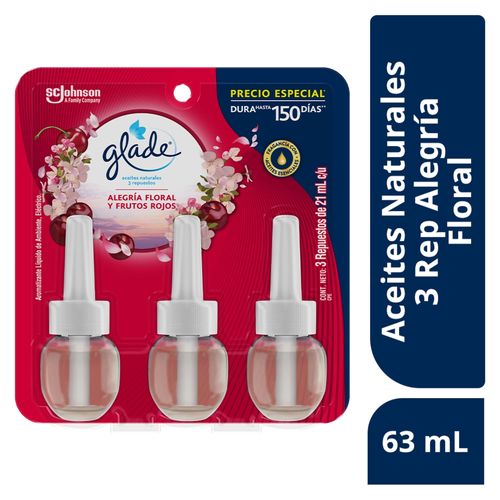 Aromatizante Glade Aceites Naturales Alegría Floral y Frutos Rojos 3 Repuestos - 63ml