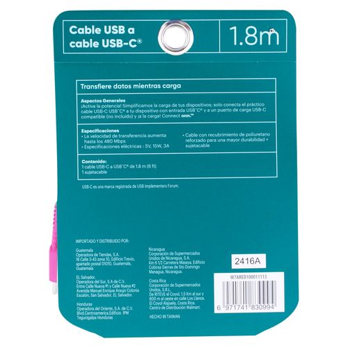 Cable Onn W7ARED100011113 USB tipo C colores surtido 1.8 m