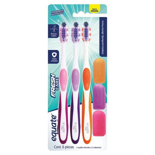 Cepillo de Dientes Equate y cobertores Fresh Care Textura Mediana 3Pack