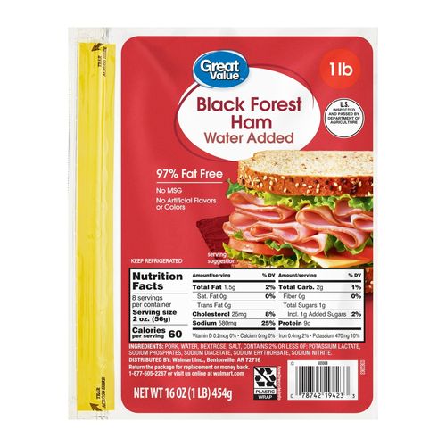 Jamón Great Value selva negra 97% libre de grasa - 454 g