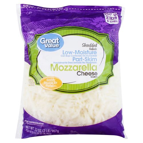 Queso Great Value Mozzarella Rallado Parcialmente Desnatado y Bajo en Humedad - 907 g