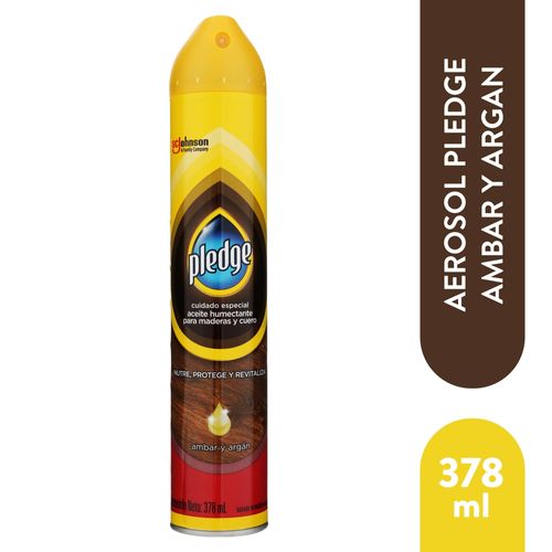 Lustrador Pledge Renovador de Muebles de Madera y Cuero en Aerosol Ambar y Argán 378 ml