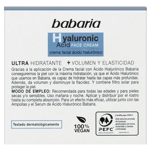 Crema facial Babaria, ácido hialurónico hidratante - 50 ml