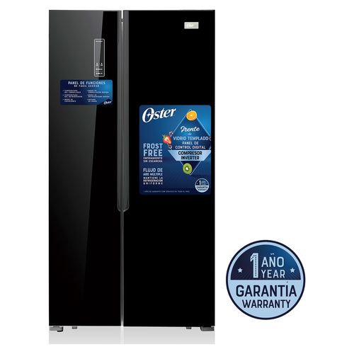 Refrigeradora No Frost Side By Side Oster 429lt 15.2pc Black Glass Puertas Luz Led Manija Interna Display Exterior Bandejas De Vidrio