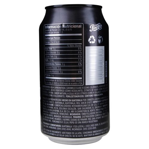 Bebida gaseosa Pepsi black zero azúcar en lata - 355 ml