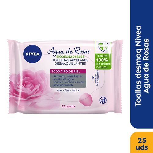 Toallas Desmaquillante Micelares  Nivea Agua De Rosas, Cara, Ojos Y Labios - 25Uds