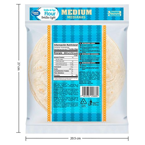 Tortilla Great Value De Trigo Light Taco - 250 g