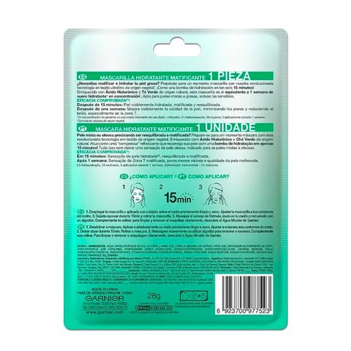 Mascarilla facial en tela de Té Verde Hidra Bomb Garnier Skin