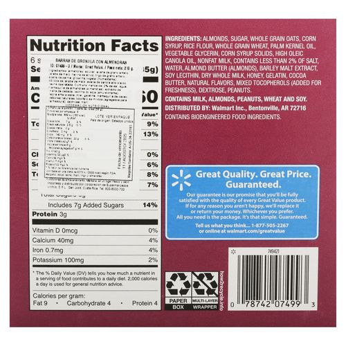 Barras Great Value de grano dulce y salado 6 pack - 210 g