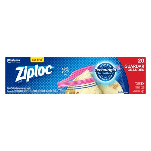 Bolsas Ziploc Reutilizables para Guardar Alimentos con doble cierre, 1 Paquete con 20 Bolsas de Tamaño Grande