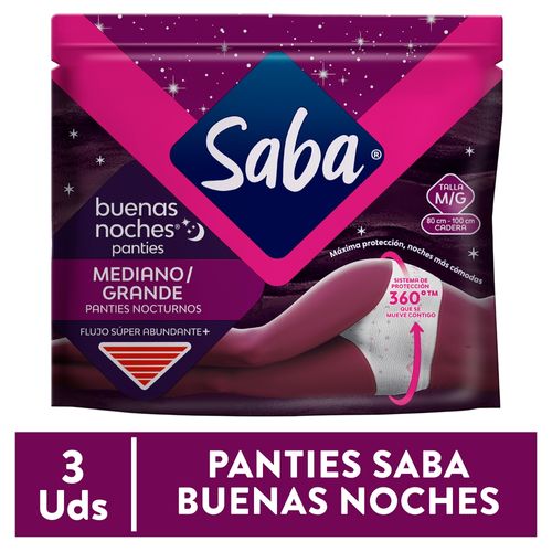 Panties Saba Buenas Noches Flujo Súper Abundante + Talla: Mediana/Grande - 3 Unidades