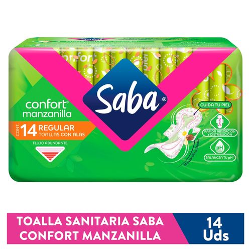 Toallas Femeninas Saba Confort Manzanilla Flujo Abundante Regular Con Alas - 14Uds